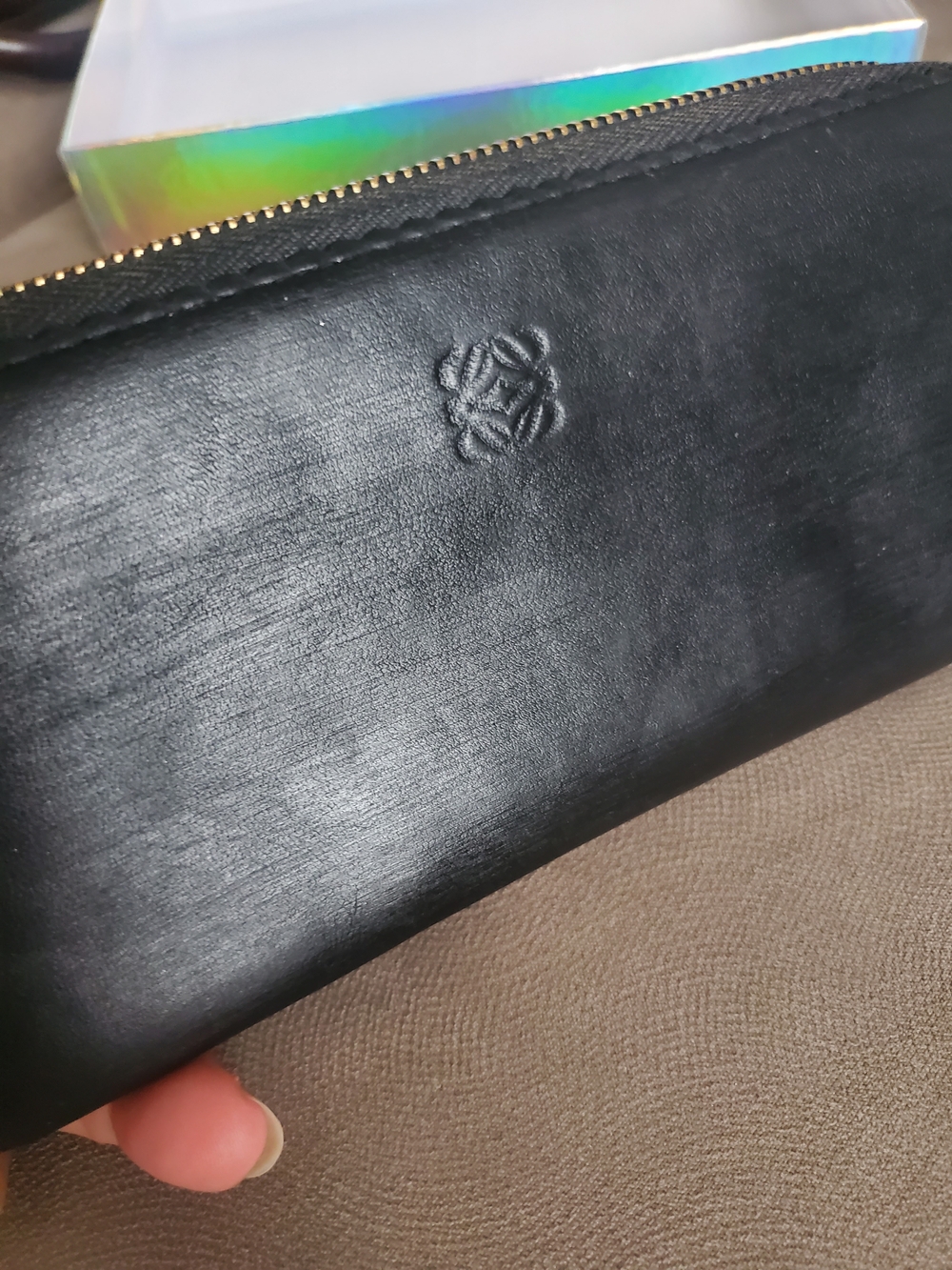 Loewe Black Leather Zip Wallet with Embossed Anagram Womens